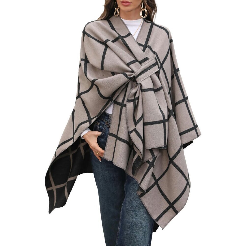 One Size Reversible Knit Shawl Wrap Poncho Cardigan Cape for Women